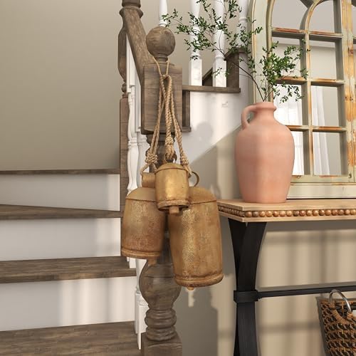 Set of 3 Gold Metal Tibetan-Style Giant Cow Bells with Jute Rope