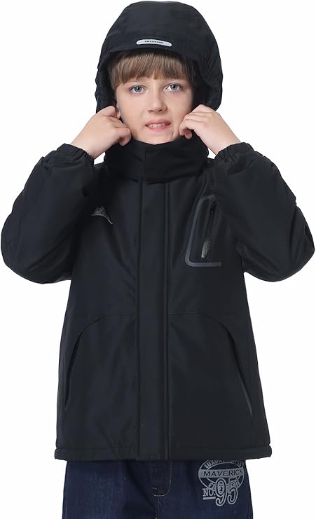 Kids’ Waterproof Ski Jacket (Black) – Fleece-Lined Winter Coat with Detachable Hood