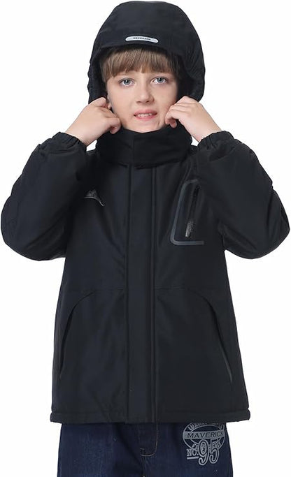 Kids’ Waterproof Ski Jacket (Black) – Fleece-Lined Winter Coat with Detachable Hood