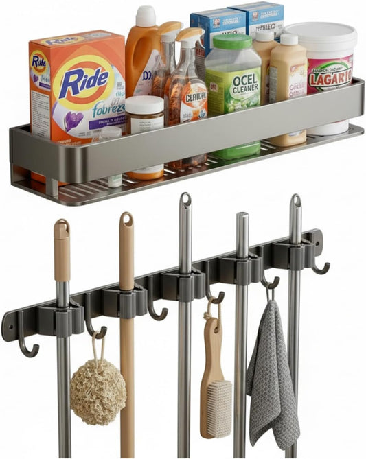 Wall Mount Organizer with Shelf & Heavy-Duty Hooks – Holder for Brooms, Mops, Vacuums & Cleaning Supplies – Garage, Laundry & Closet Storage