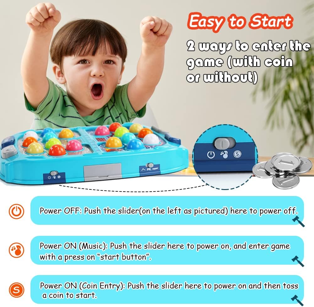 Whack Mole Game for Toddlers Interactive Educational Toys with Sound and Light, PK Mode with 2 Hammers