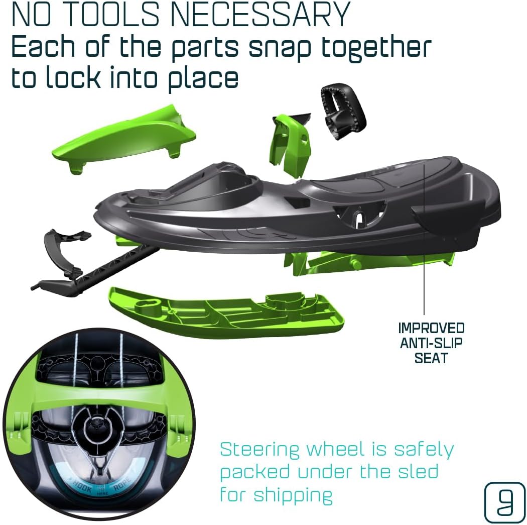 Snow Sled for Kids & Adults – Toboggan with Steering Wheel, Anti-Slip Seat & Brake (Mystic Green, 260 lbs, Age 3+)
