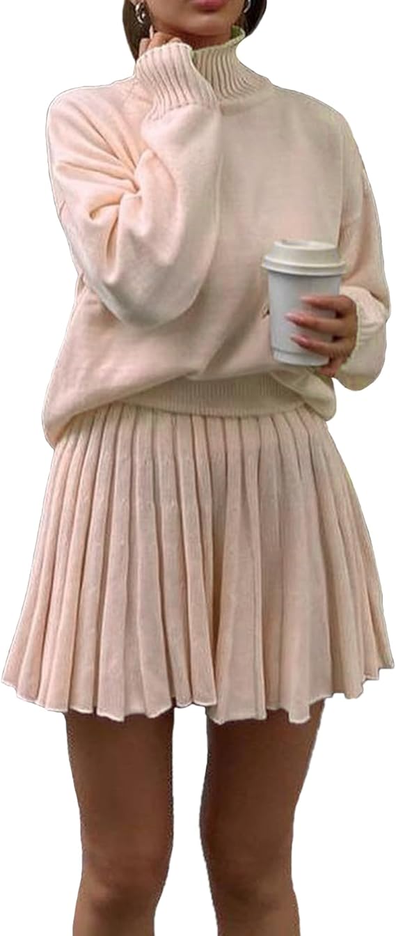 Women’s 2-Piece Sweater Set – Turtleneck Oversized Pullover & Pleated Mini Skirt