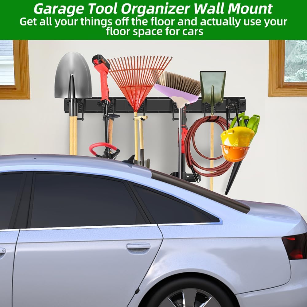 48" Garage Tool Organizer Wall Mount – Heavy-Duty Rail Rack with 6 Double-Layer Hooks for Yard Tools & Shovels