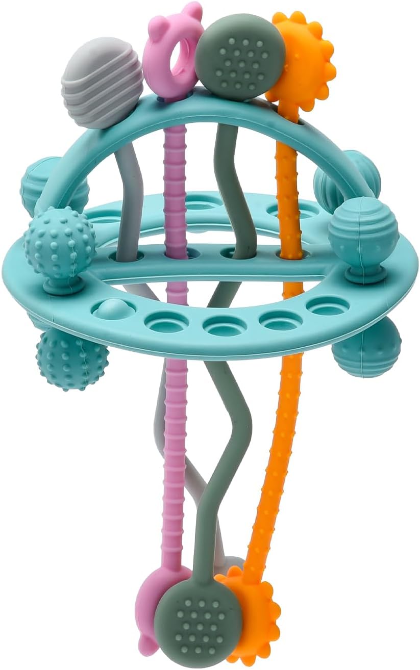 Montessori Pull String Baby Toy – Food-Grade Silicone Sensory Teether (Blue, 18+ Months)