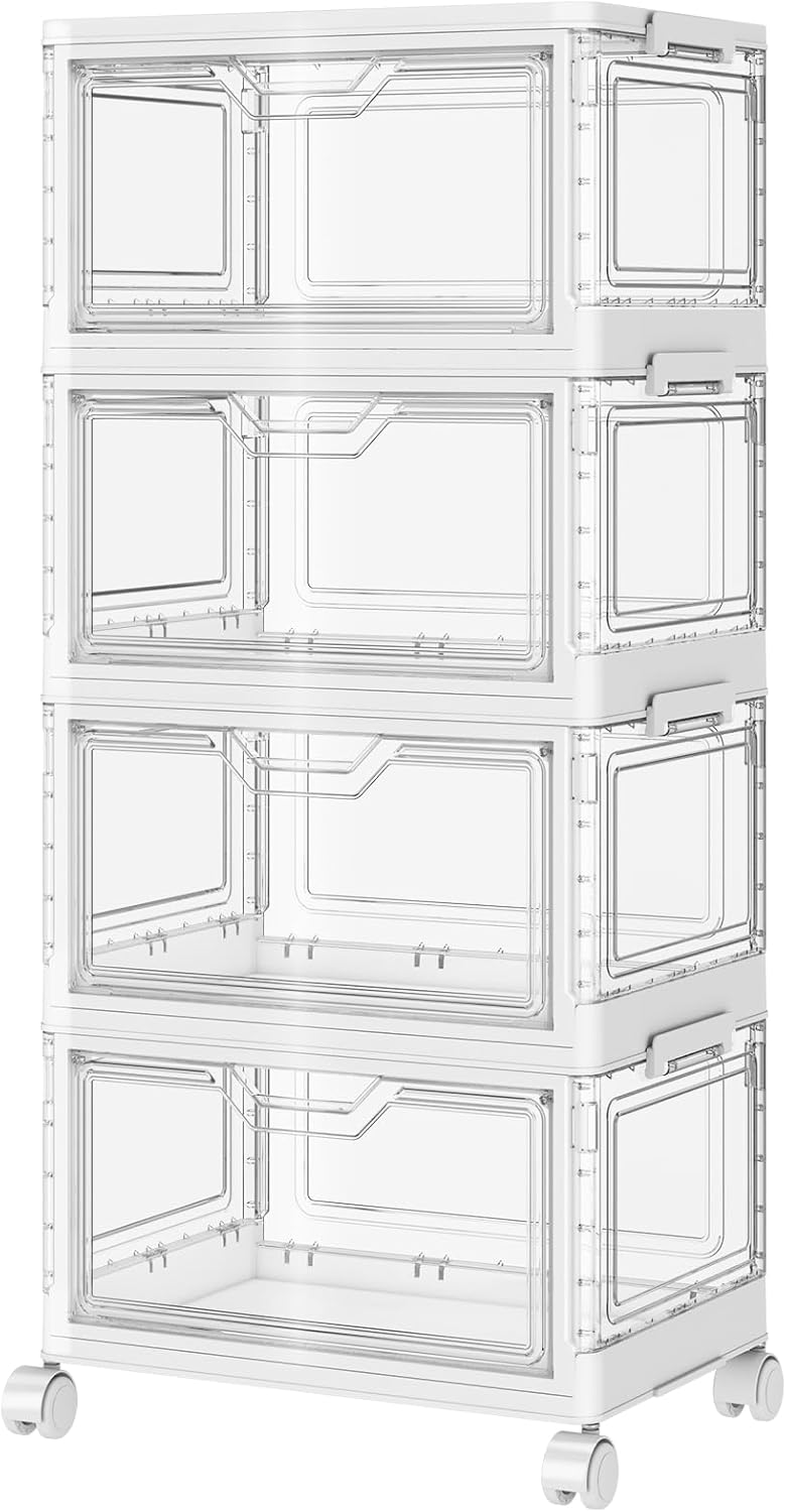 24 QT Portable Clear Storage Bins with Lid & Wheels - Stackable 4-Tier Organizer with Magnetic Doors for Home & Office