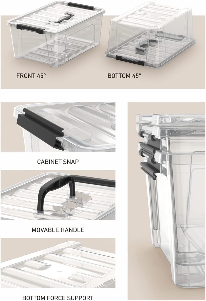 6-Pack Clear Storage Latch Bins - 5-Litre Organizer Boxes with Handles and Lids