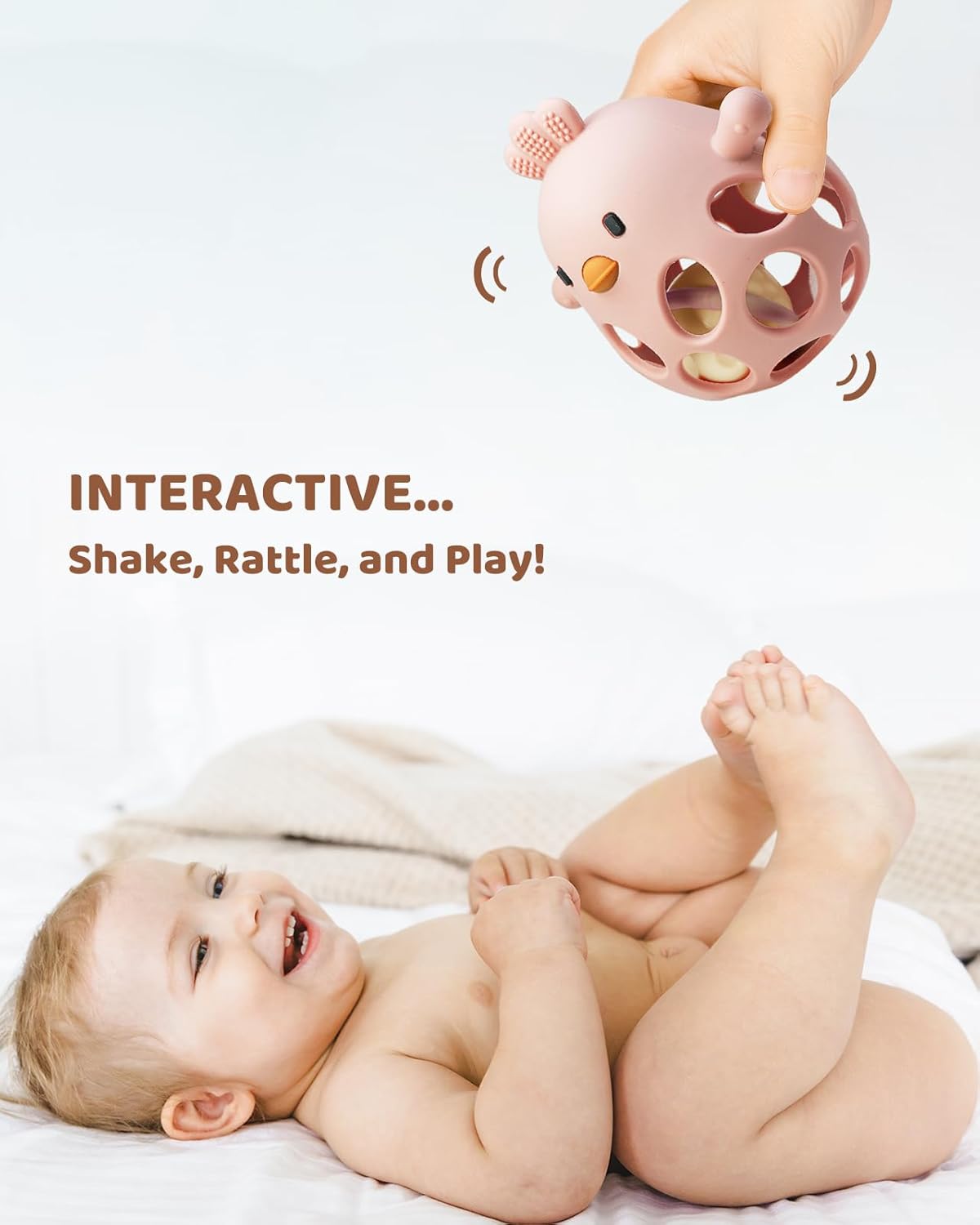2-in-1 Pink Baby Teething Rattle – Food-Grade Silicone Sensory Teether (BPA-Free, 3–12 Months)