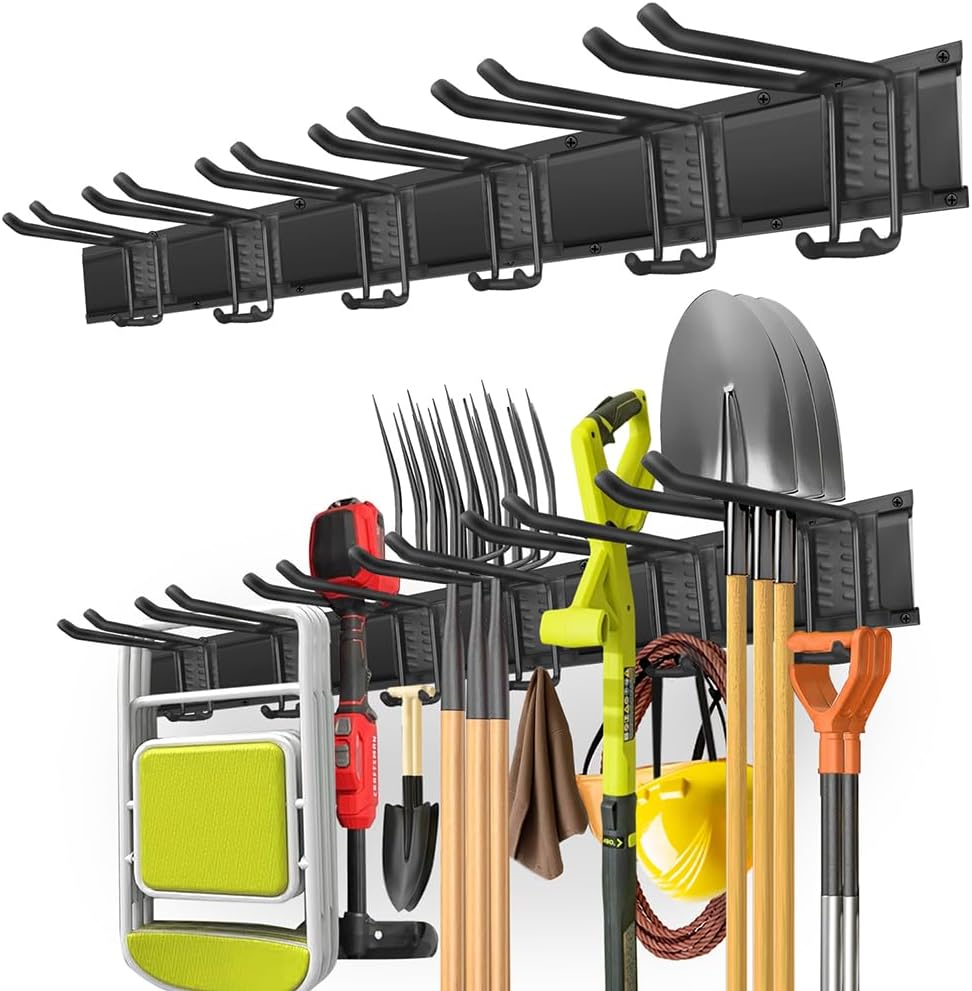 48" Garage Tool Organizer Wall Mount – Heavy-Duty Rail Rack with 6 Double-Layer Hooks for Yard Tools & Shovels