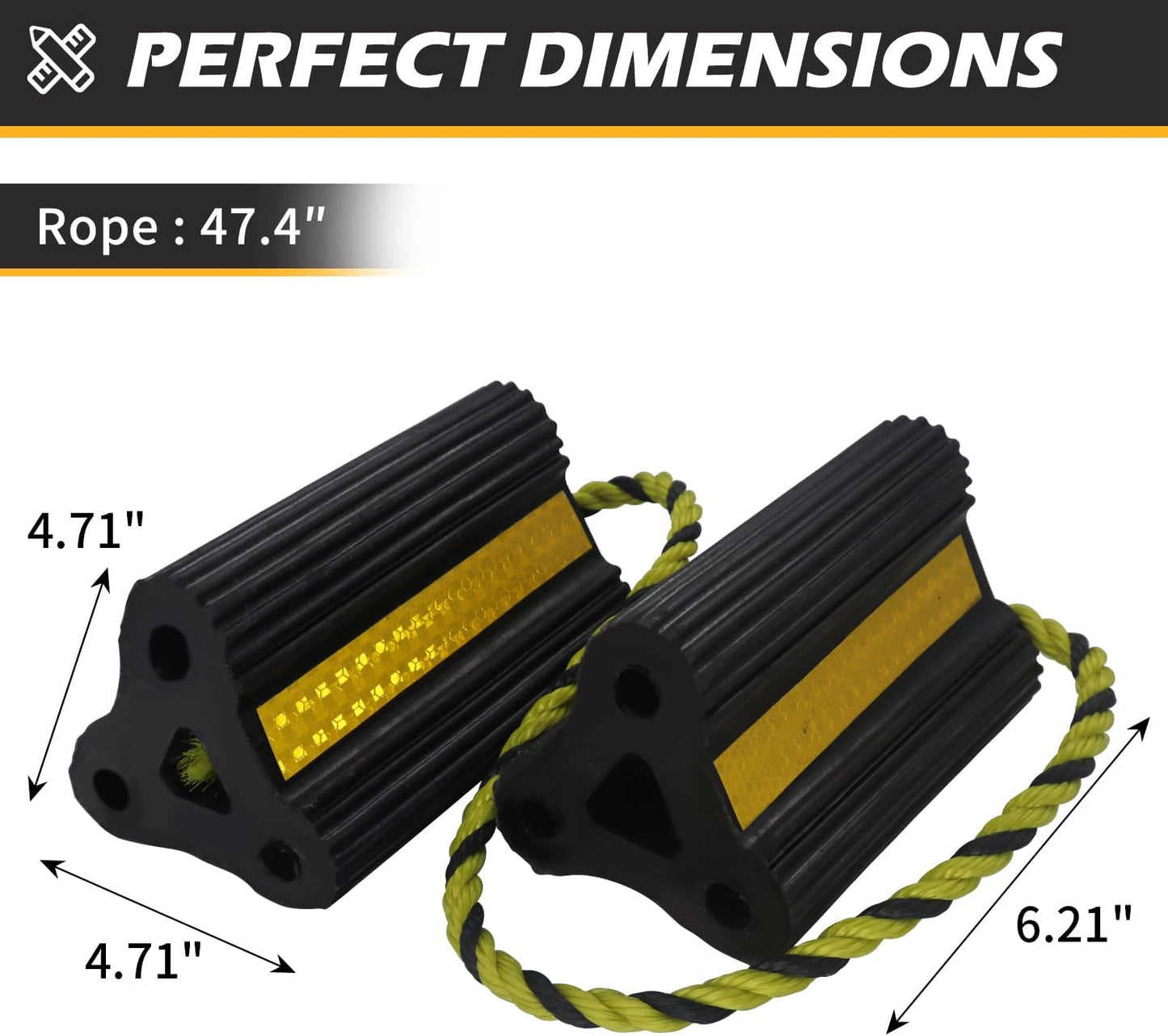 Rubber Wheel Chocks with Rope & Reflective Strips – 4 Pack for RVs, Trailers, Campers, Trucks, Cars & Boats