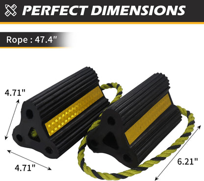 Rubber Wheel Chocks with Rope & Reflective Strips – 4 Pack for RVs, Trailers, Campers, Trucks, Cars & Boats