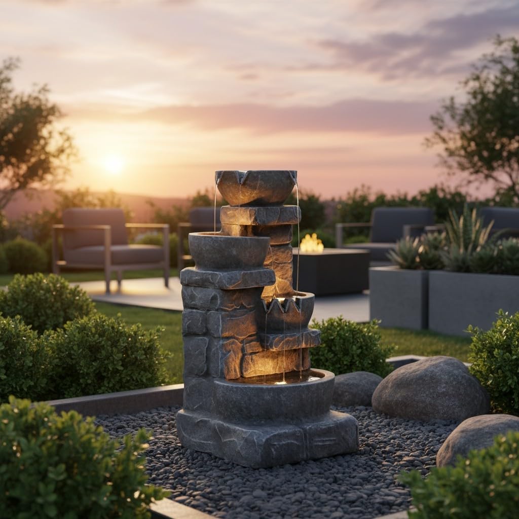 33.25" Cascading Bowls & Stacked Stones LED Outdoor Water Fountain (Stone Gray)