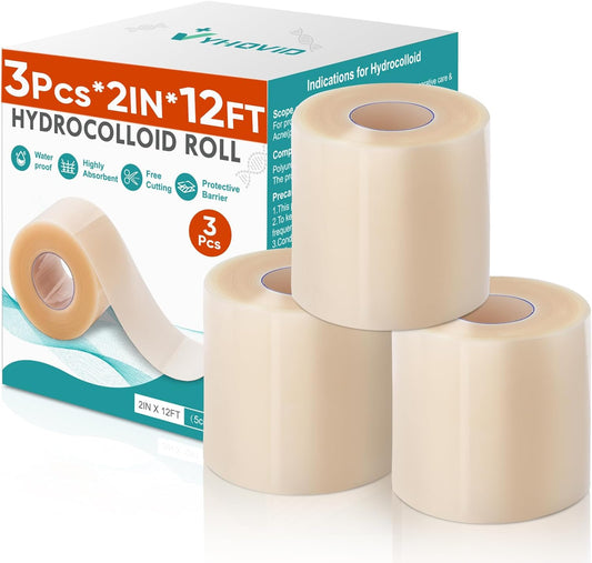 Hydrocolloid Wound Care Roll Bandages (3 PCS) – Self-Adhesive Waterproof Patches for Burns, Blisters & Acne Care – 2" x 12ft
