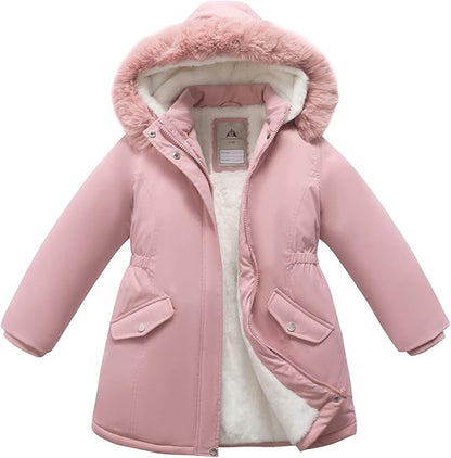 Girls’ Waterproof Winter Long Coat – Warm Hooded Puffer Parka (Pink, Size 7–8)
