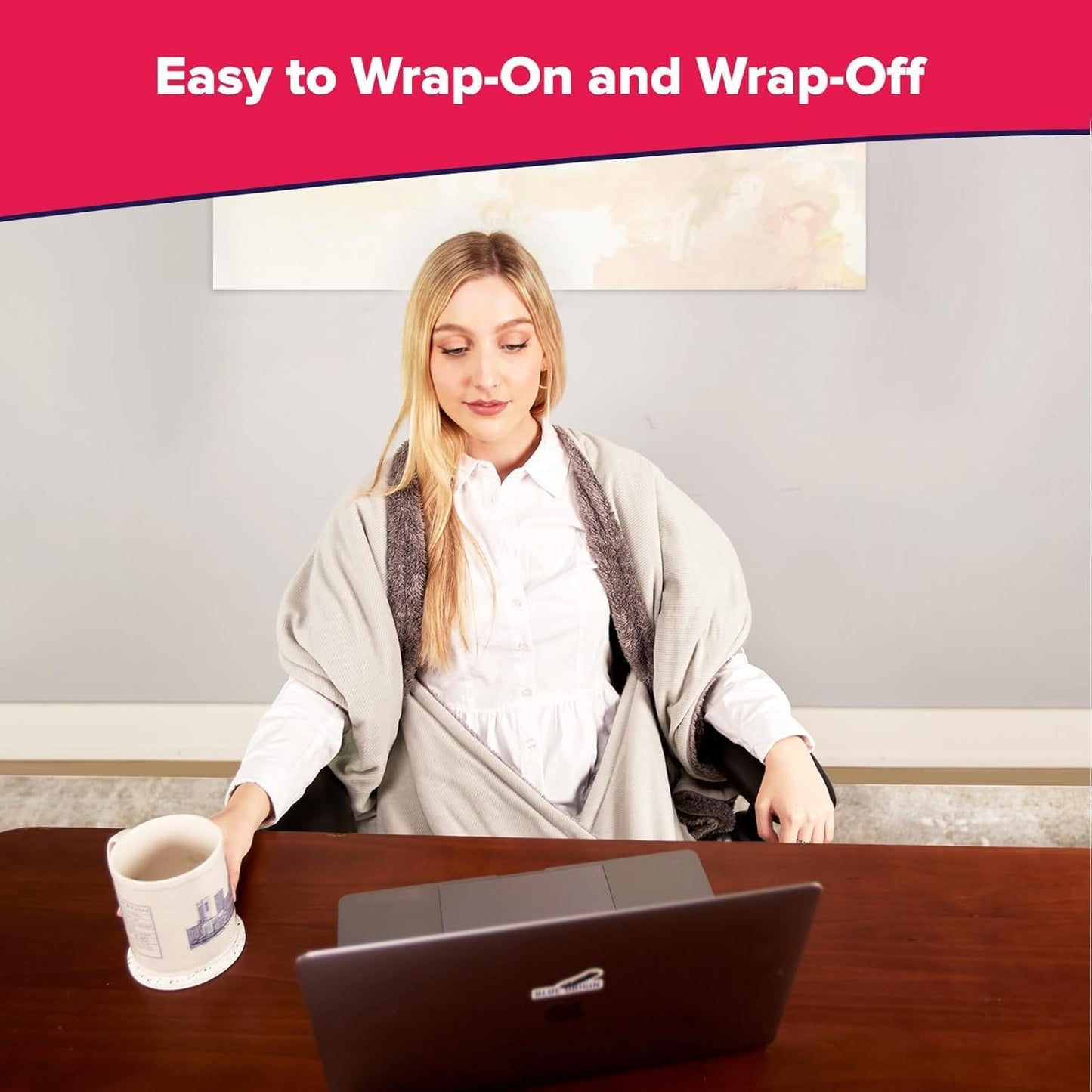 Cozy Desk Chair Wrap – Hands-Free Heated Faux Fur Cover (Blue Pattern Fleece)