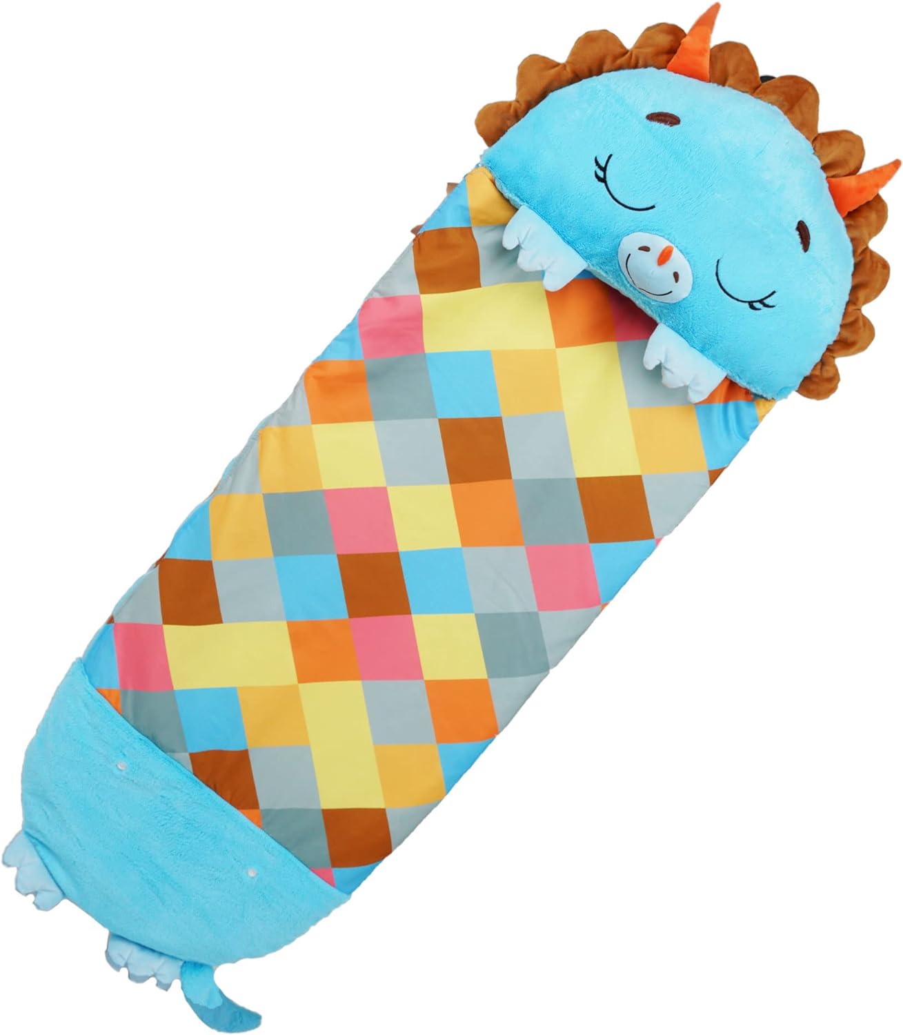 2-in-1 Pillow & Sleepy Sack – Large Blue Triceratops (66 x 30), Plush Animal That Opens Into a Soft Sleeping Bag