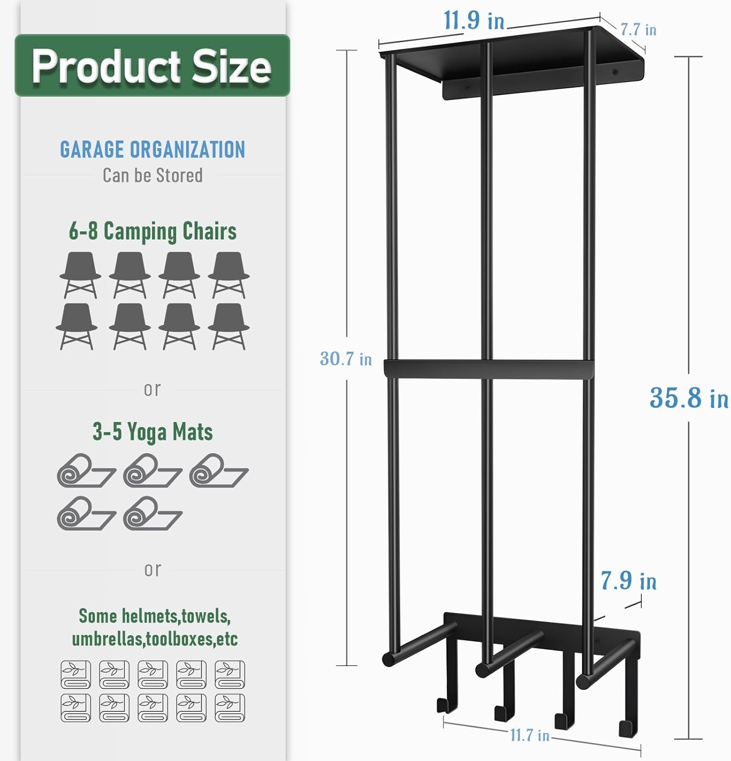 Camping Chair Wall Rack – Metal Wall-Mounted Storage for Beach Chairs & Umbrellas with Shelf & 4 Hooks – Black