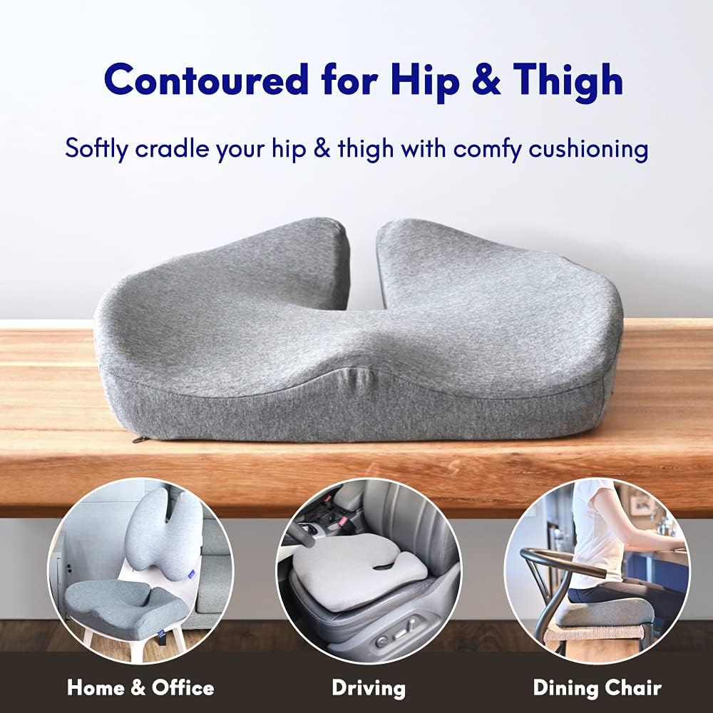 Pressure Relief Seat Cushion – Extra-Dense Memory Foam for Hip & Tailbone Support (Light Grey)