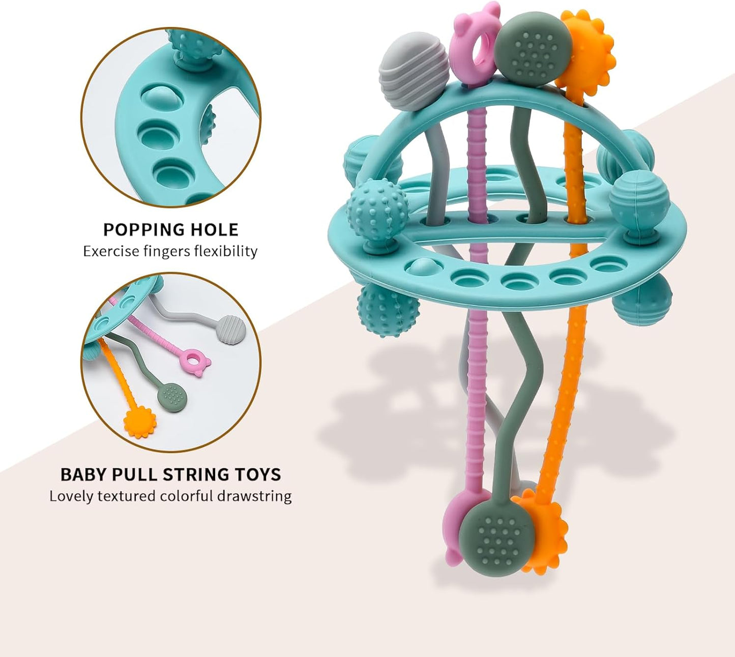 Montessori Pull String Baby Toy – Food-Grade Silicone Sensory Teether (Blue, 18+ Months)