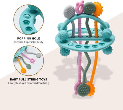 Montessori Pull String Baby Toy – Food-Grade Silicone Sensory Teether (Blue, 18+ Months)
