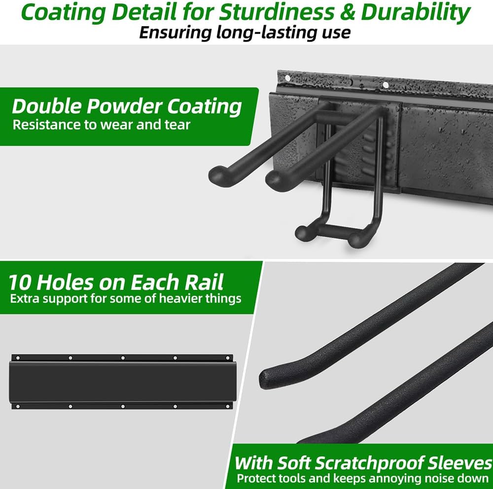 48" Garage Tool Organizer Wall Mount – Heavy-Duty Rail Rack with 6 Double-Layer Hooks for Yard Tools & Shovels