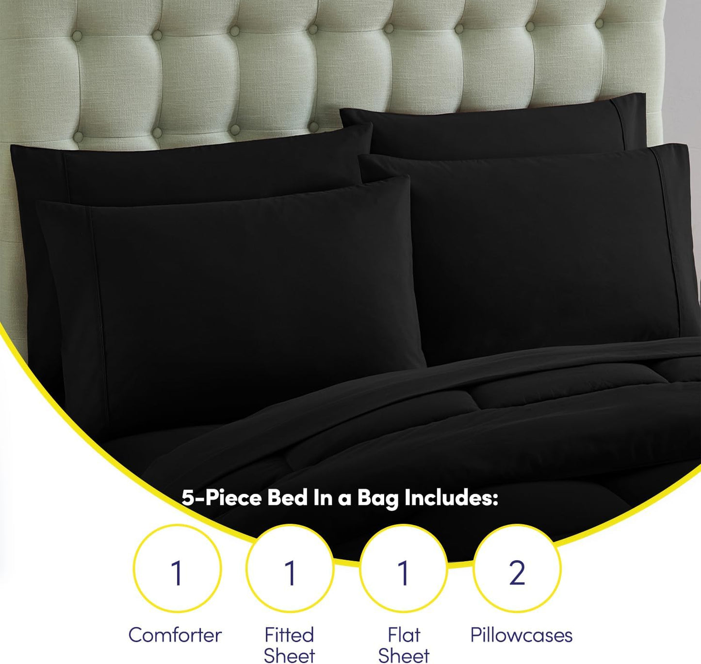 5-Piece Twin Comforter Set – All-Season Down Alternative with Microfiber Sheets (Black)