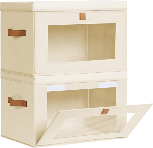 Large Closet Storage Organizer – Fabric Storage Bins with Handles & Window (2-Pack, Beige)