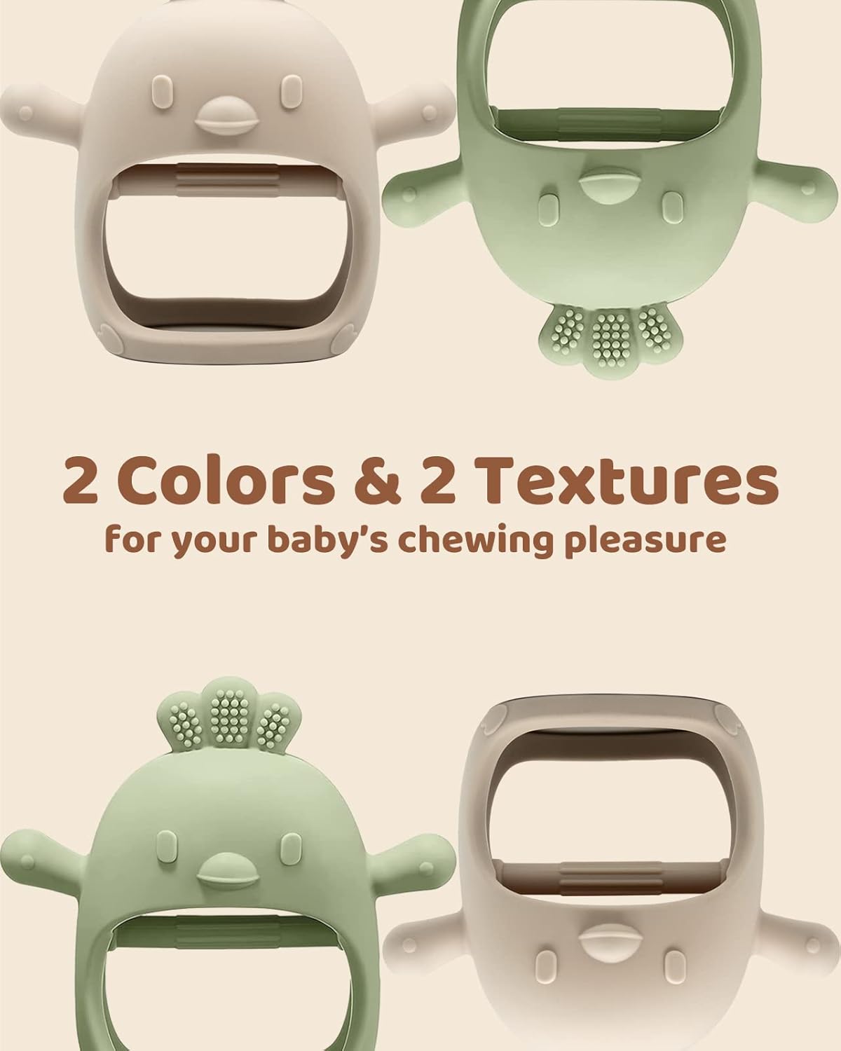 2-Pack Silicone Teething Mittens – BPA-Free Anti-Drop Baby Chew Toys (Green & Caramel, 3+ Months)