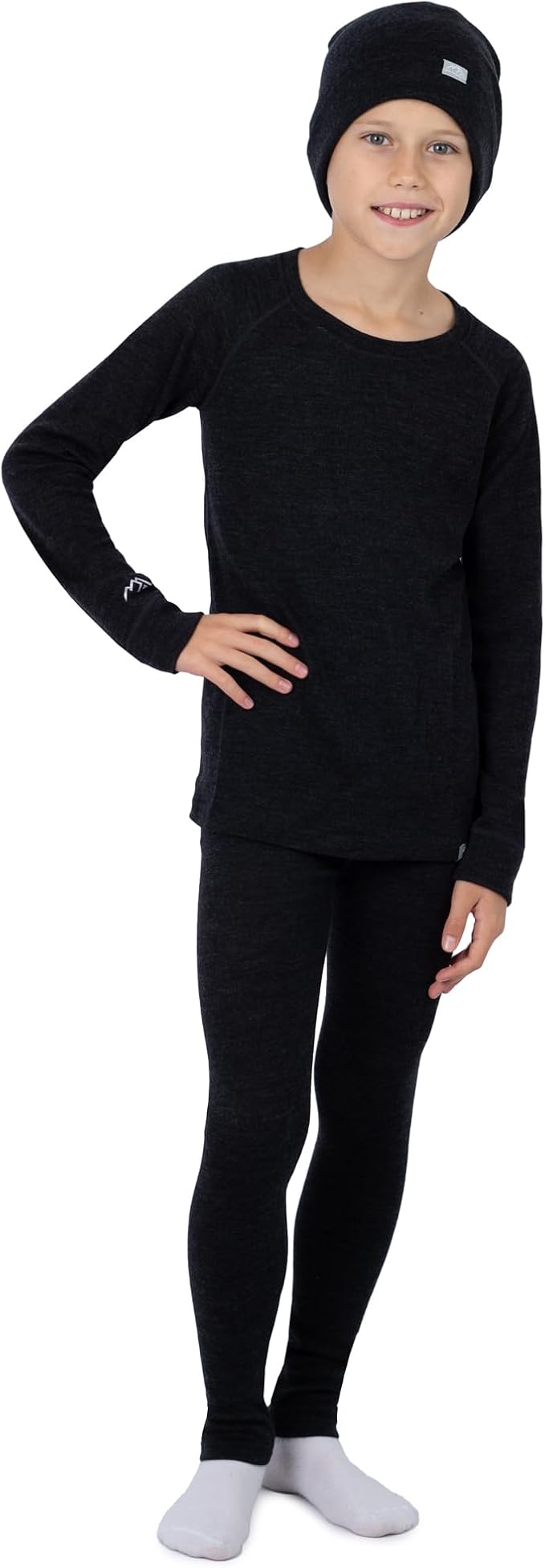 Kids’ Merino Wool Base Layer Set – Midweight Thermal Top, Bottom & Beanie (Medium)