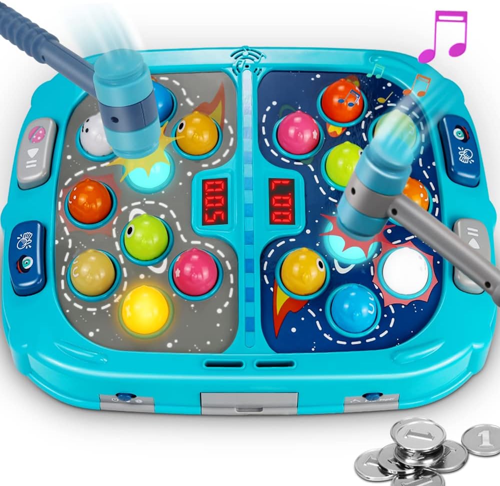 Whack Mole Game for Toddlers Interactive Educational Toys with Sound and Light, PK Mode with 2 Hammers