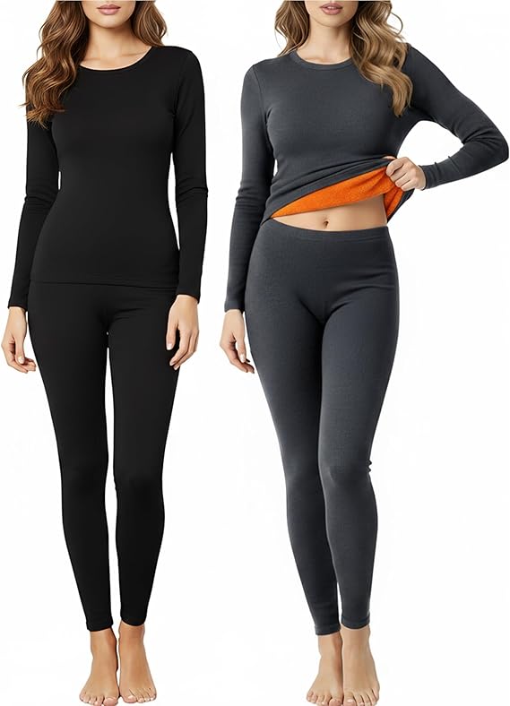 Patelai Women’s Thermal Underwear Set (2-Pack) – Soft Fleece-Lined Winter Base Layer Top & Bottom (Black/Dark Gray, XXL)