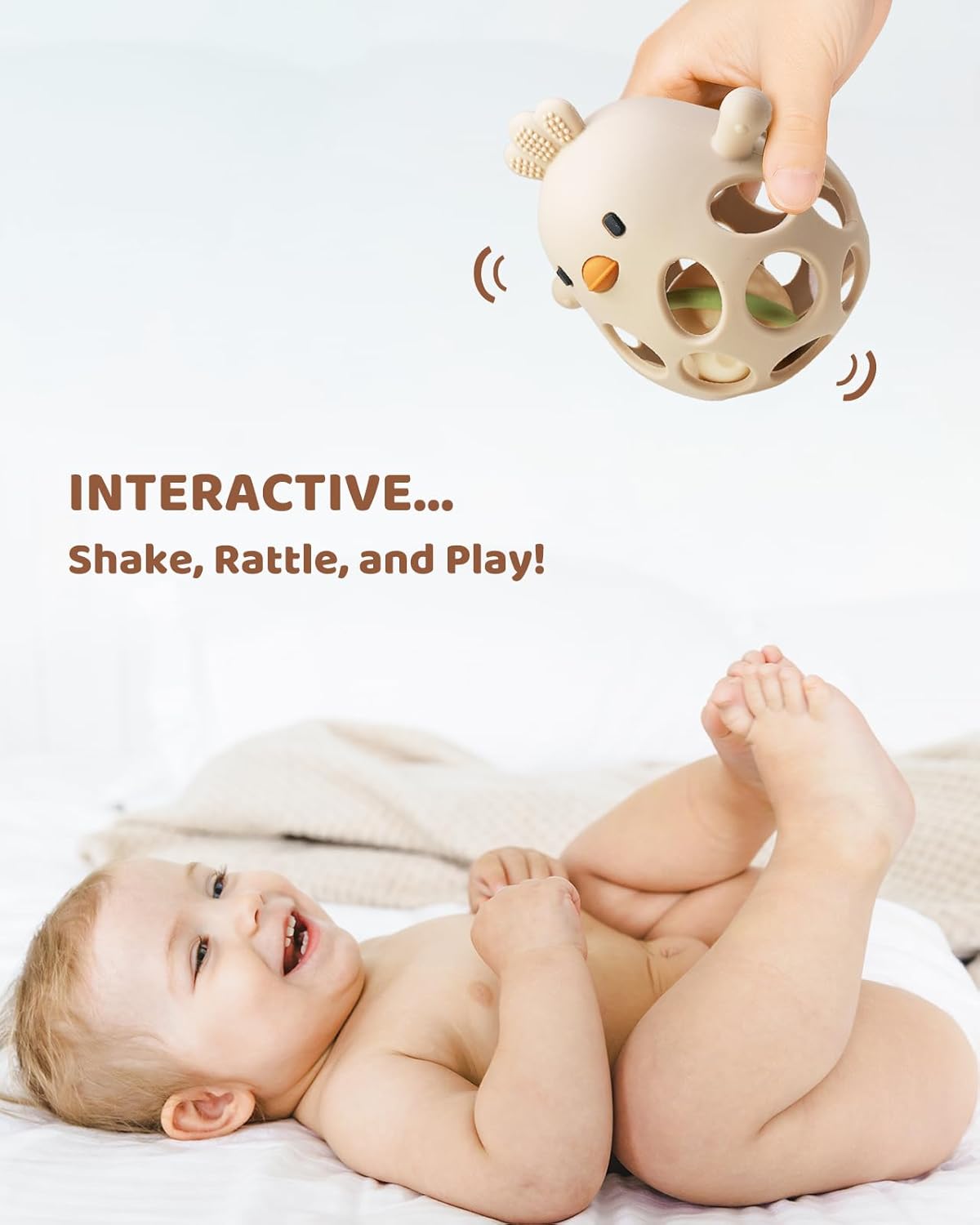 2-in-1 Baby Teething Rattle – Food-Grade Silicone Sensory Teether (Beige, BPA-Free, 3–12 Months)