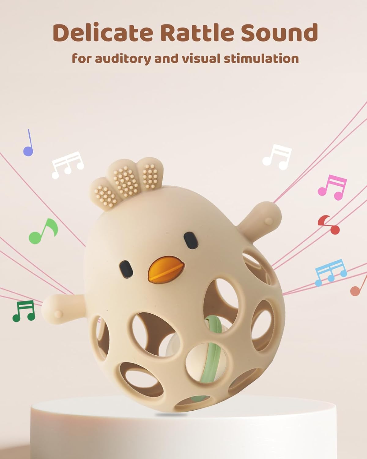 2-in-1 Baby Teething Rattle – Food-Grade Silicone Sensory Teether (Beige, BPA-Free, 3–12 Months)