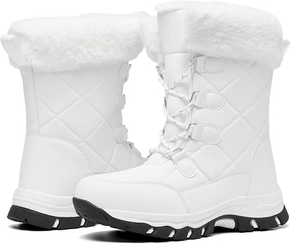 Women’s Water-Resistant Snow Boots – Faux Fur Lined Lace-Up Mid-Calf (White, Size 9)