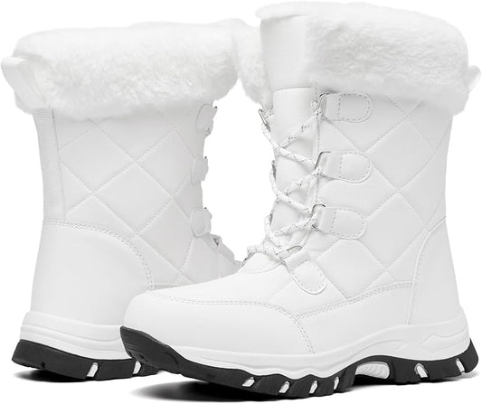 Women’s Water-Resistant Snow Boots – Faux Fur Lined Lace-Up Mid-Calf (White, Size 9)