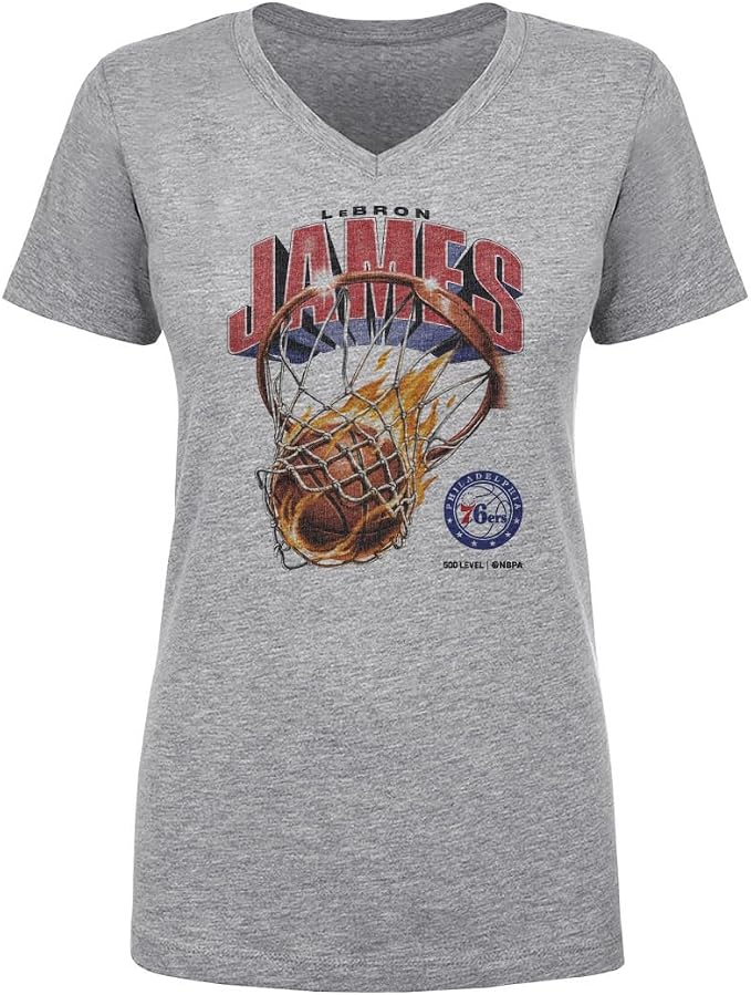 LeBron James Philadelphia 76ers On Fire Women's V-Neck T-Shirt – Basketball Fan Graphic Tee in White & Gray, Sizes S–2XL