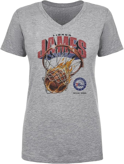 LeBron James Philadelphia 76ers On Fire Women's V-Neck T-Shirt – Basketball Fan Graphic Tee in White & Gray, Sizes S–2XL