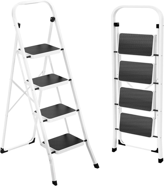 Folding Step Ladder Stool for Adults - Anti-Slip Pedal, 330 lbs Capacity, White - Ideal for Kitchen & Home