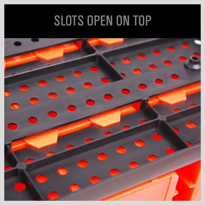 30PC Wall Mounted Storage Bin Rack – Garage Parts & Tool Organizer with Plastic Bins – Blue, Orange & Red
