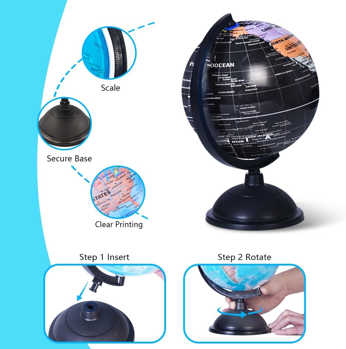 8-Inch World Globe with Stand for Kids' Education and Decor