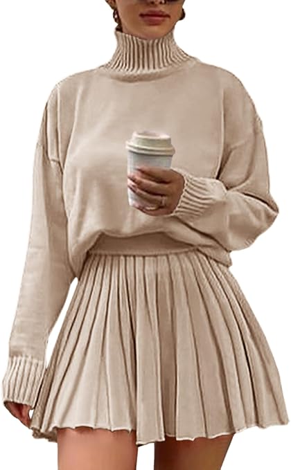 Women’s 2-Piece Sweater Set – Turtleneck Oversized Pullover & Pleated Mini Skirt