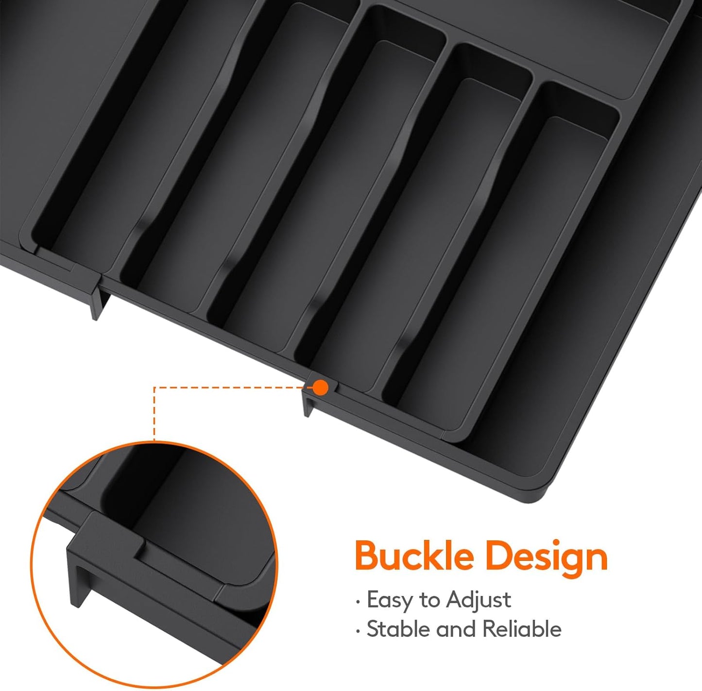Expandable Silverware Drawer Organizer – BPA-Free Utensil Tray for Kitchen, Adjustable Storage for Spoons, Forks, and Knives, Large, Black