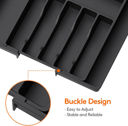 Expandable Silverware Drawer Organizer – BPA-Free Utensil Tray for Kitchen, Adjustable Storage for Spoons, Forks, and Knives, Large, Black