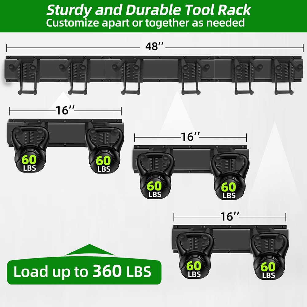 48" Garage Tool Organizer Wall Mount – Heavy-Duty Rail Rack with 6 Double-Layer Hooks for Yard Tools & Shovels