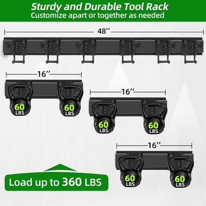 48" Garage Tool Organizer Wall Mount – Heavy-Duty Rail Rack with 6 Double-Layer Hooks for Yard Tools & Shovels