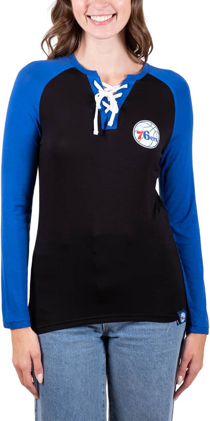 Women's Philadelphia 76ers Official NBA Super Soft Long Sleeve Lace-Up Shirt – Basketball Fan Top, Medium