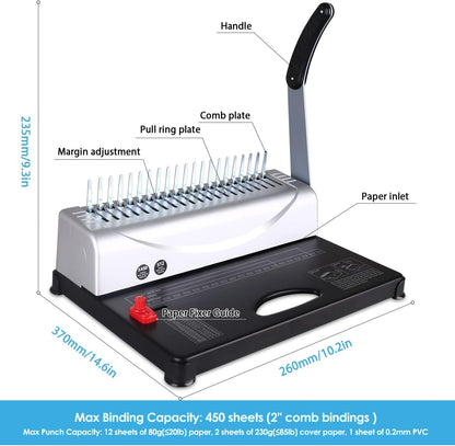 Binding Machine, 21-Hole, 450 Sheets with Comb Bindings, for Letter Size, A4, A5 Paper