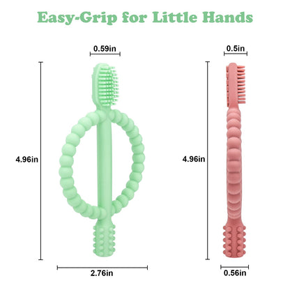 Baby Silicone Teething Toothbrush – Easy-Hold Handle, Double-Sided Gum Massager (Bright Green & Caramel)