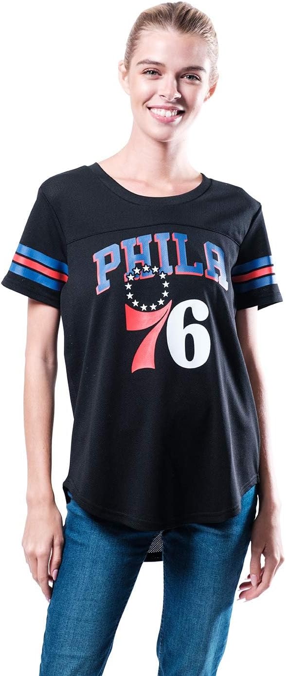 Women's Philadelphia 76ers Official NBA Super Soft Mesh Jersey T-Shirt – Black Basketball Fan Tee, Small