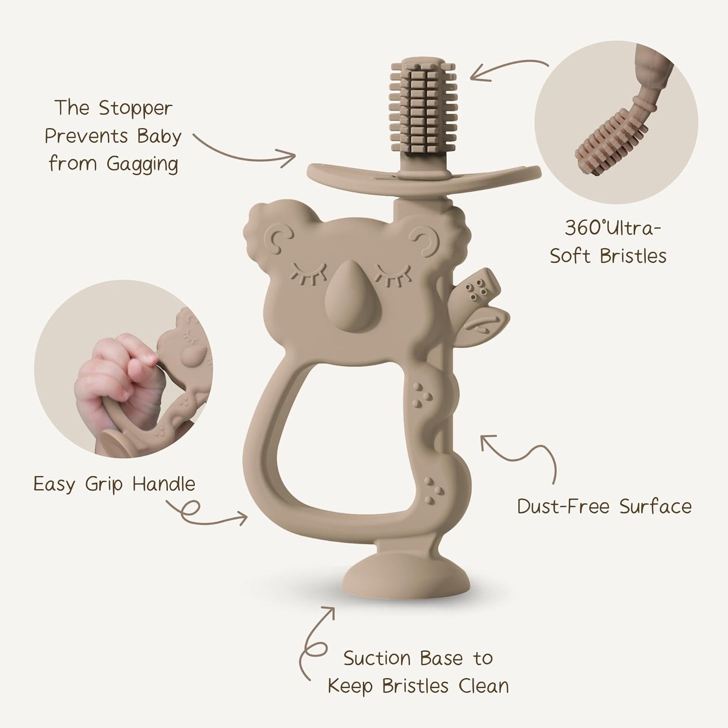 360° Silicone Baby Teether Toothbrush – BPA-Free with Suction Base (Koala, 6–12 Months)